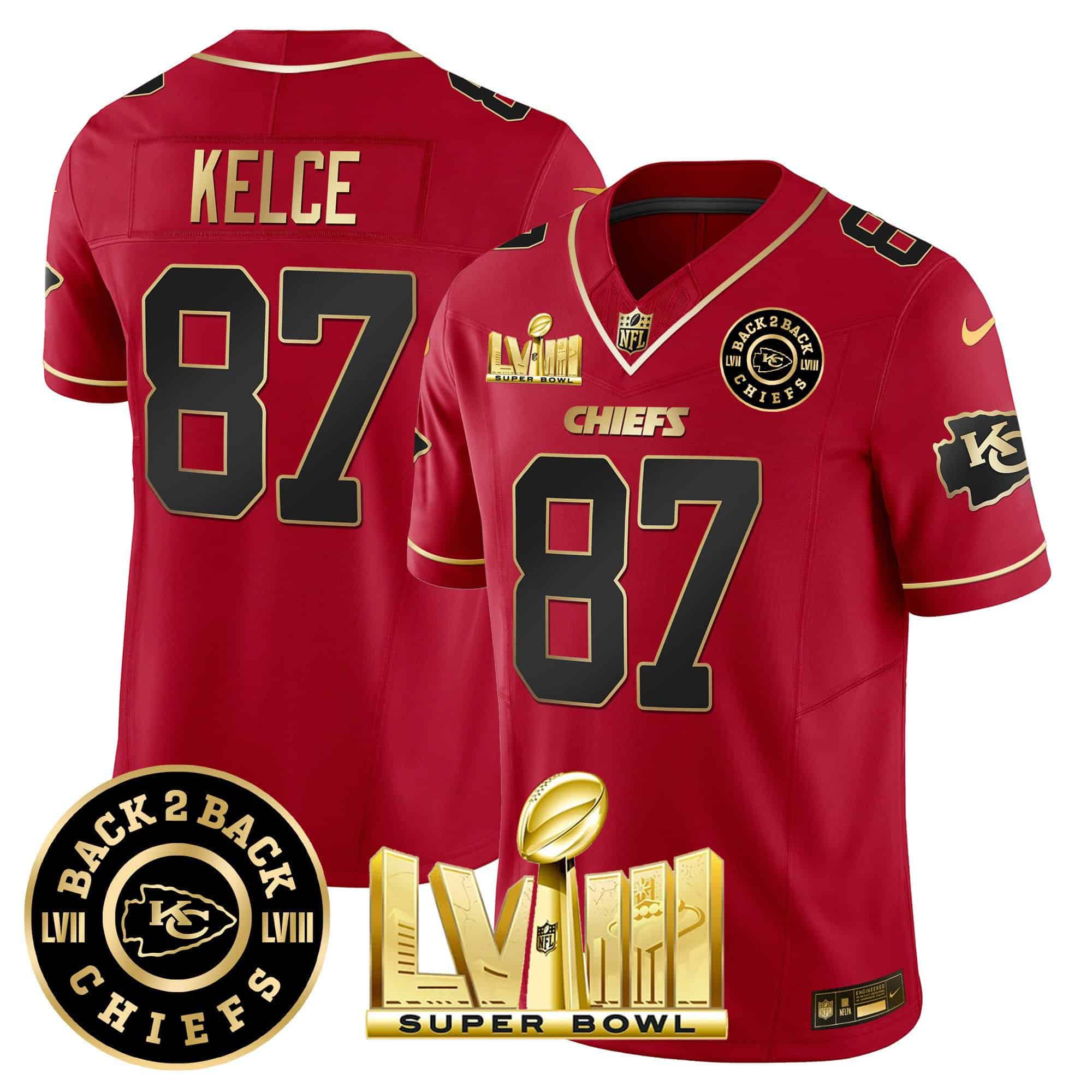 Men Kansas City Chiefs #87 Kelce Red 2024 Nike Super Bowl LVIII & Back-2-Back Patch Vapor NFL Jersey style 2